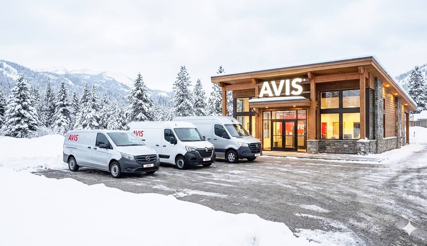 Dodávky-avis-zoradene-pred-pobockou-v-zasnezenom-prostredi